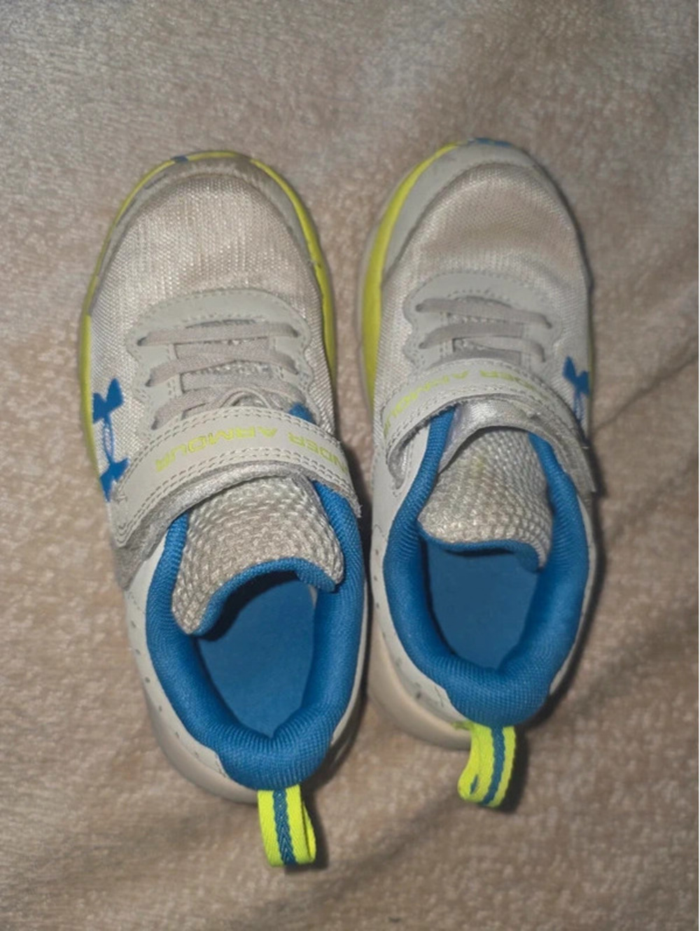 Under Armour Kids' Sneakers - Size 1Y (White/Blue/Neon Yellow)